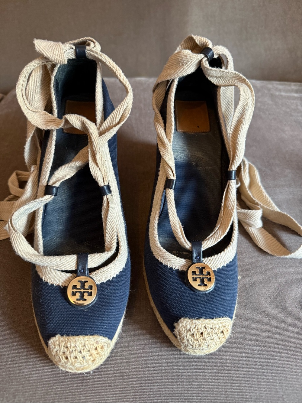 Tory Burch Navy Canvas Espadrilles with Beige Trim and Logo Medallion